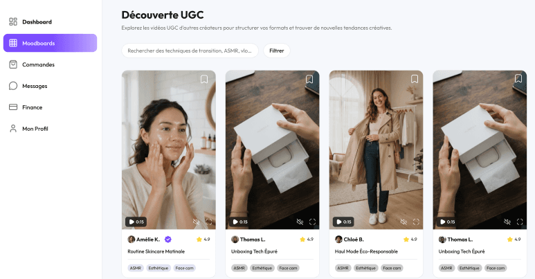 Page Découverte UGC de Virall : des vidéos de créateurs à explorer