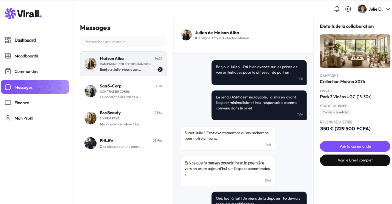 Messagerie Virall : conversation avec une marque et détails de la collaboration